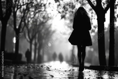 Black and white artistic silhouette of a woman walking in the rain