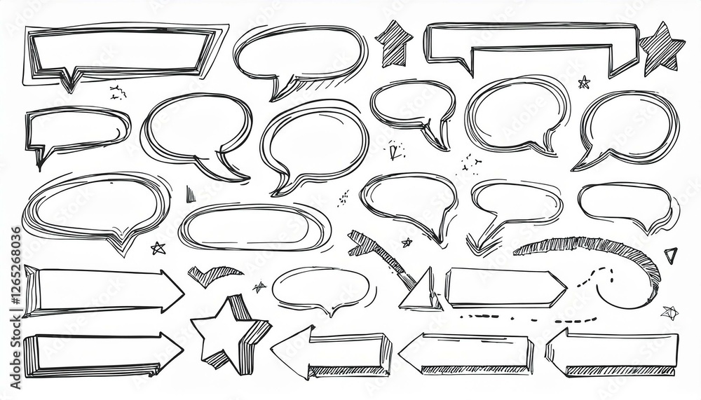 Obraz premium Hand drawn line highlight, speech bubble, brush underline. Text emphasis, star sparkle, pencil underline elements. Hand drawn sketch cloud speech bubble, arrow, emphasis. perfect any project.