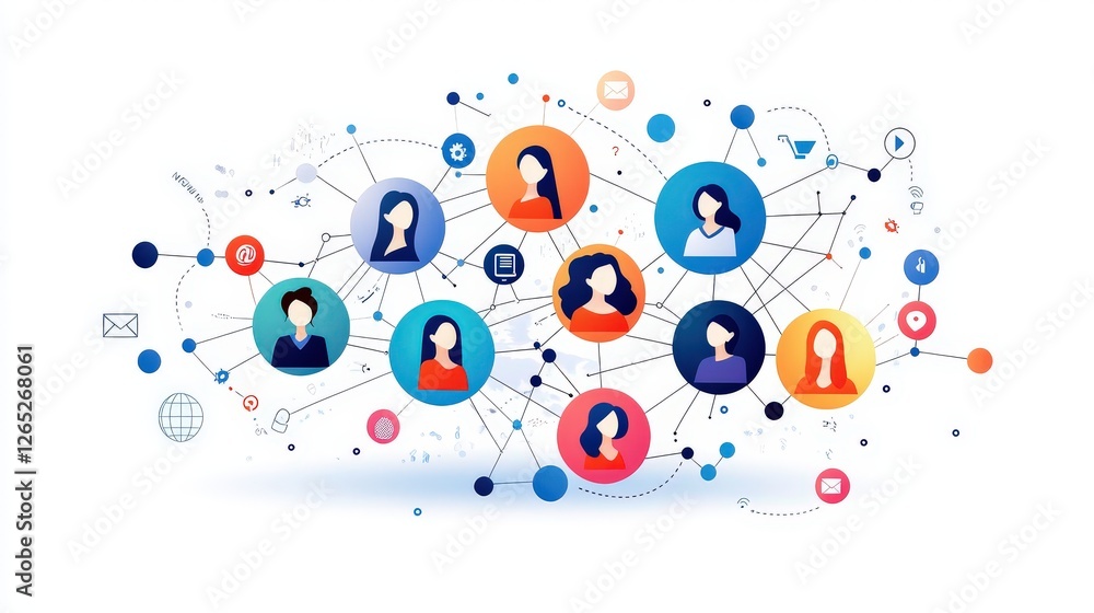 Fototapeta premium A modern, colorful vector of women from different backgrounds connecting through digital screens and meetings, emphasizing worldwide planning for IWD 2025 campaigns.