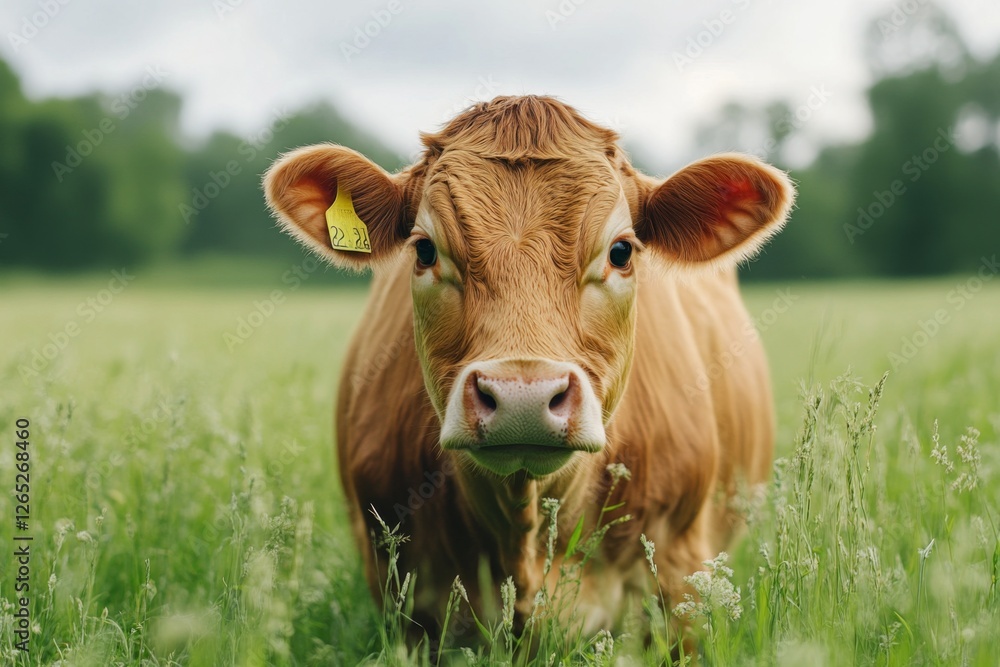 Close-up of a curious brown cow standing in a green grassy field during daytime Close-up of a curious brown cow standing in a green grassy field during daytime