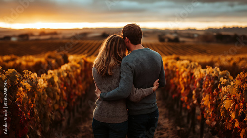 Couple enjoying a romantic moment in a vineyard at sunset during autumn season. Generative AI photo