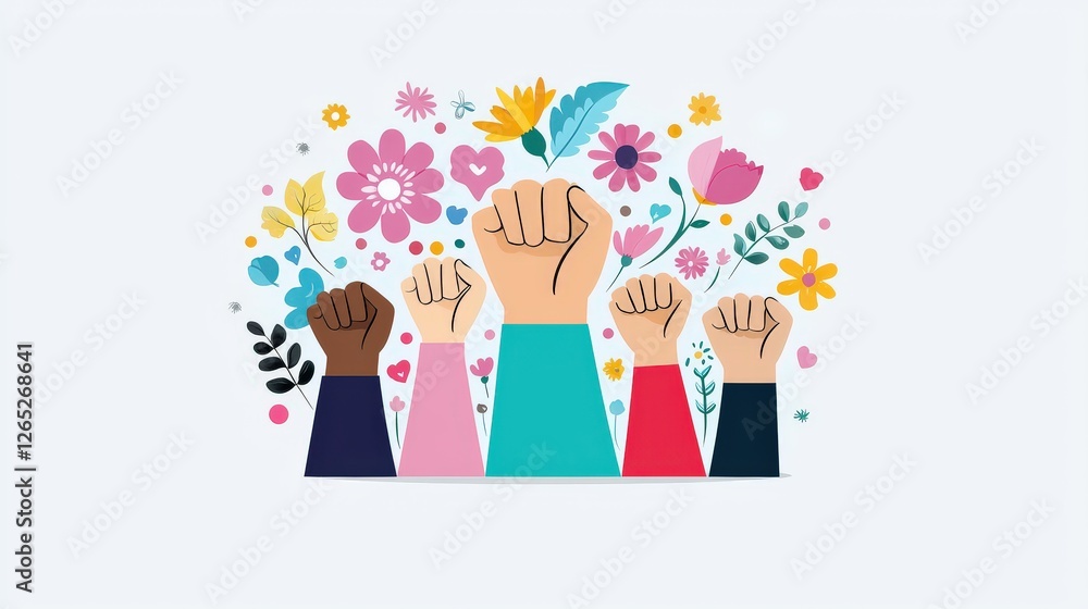 A vibrant flat design poster for International Women's Day, featuring diverse women of different nationalities, all raising their fists in solidarity. Bright, empowering colors. A vibrant flat design poster for International Women's Day, featuring diverse women of different nationalities, all raising their fists in solidarity. Bright, empowering colors.