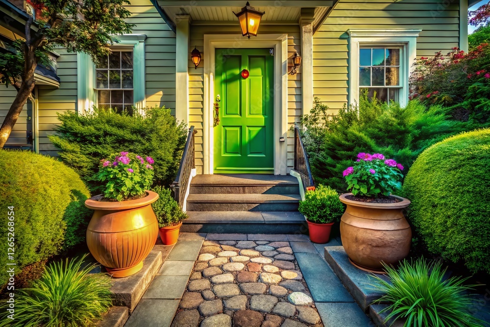 Fototapeta premium Vintage Suburban Home Entrance: Wooden Path, Grass Pot, Charming Front Door