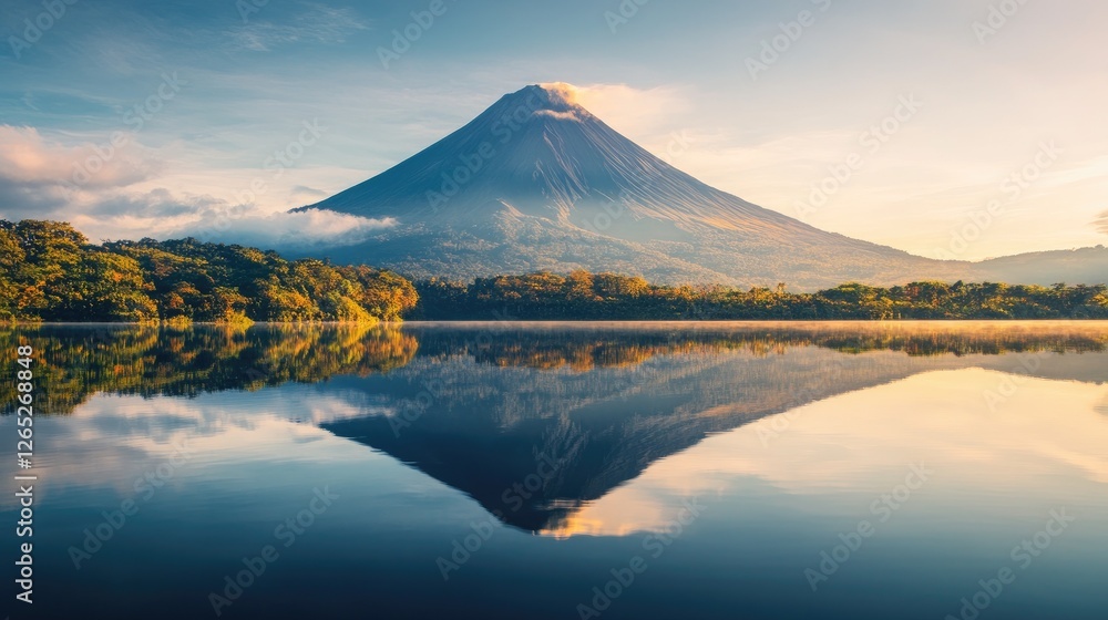 Majestic Volcano Reflection: A Serene Sunrise in Tropical Paradise Majestic Volcano Reflection: A Serene Sunrise in Tropical Paradise