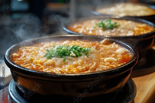 Close-up of two steaming bowls of Asian soup with chopsticks on a wooden table photo