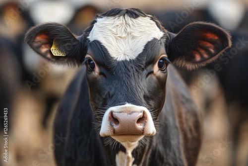 Close-up portrait of a black and white cow with large eyes standing in a green field photo