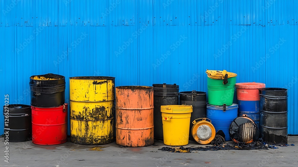 Colorful Industrial Drums Against a Blue Metal Wall AI Generated Colorful Industrial Drums Against a Blue Metal Wall AI Generated