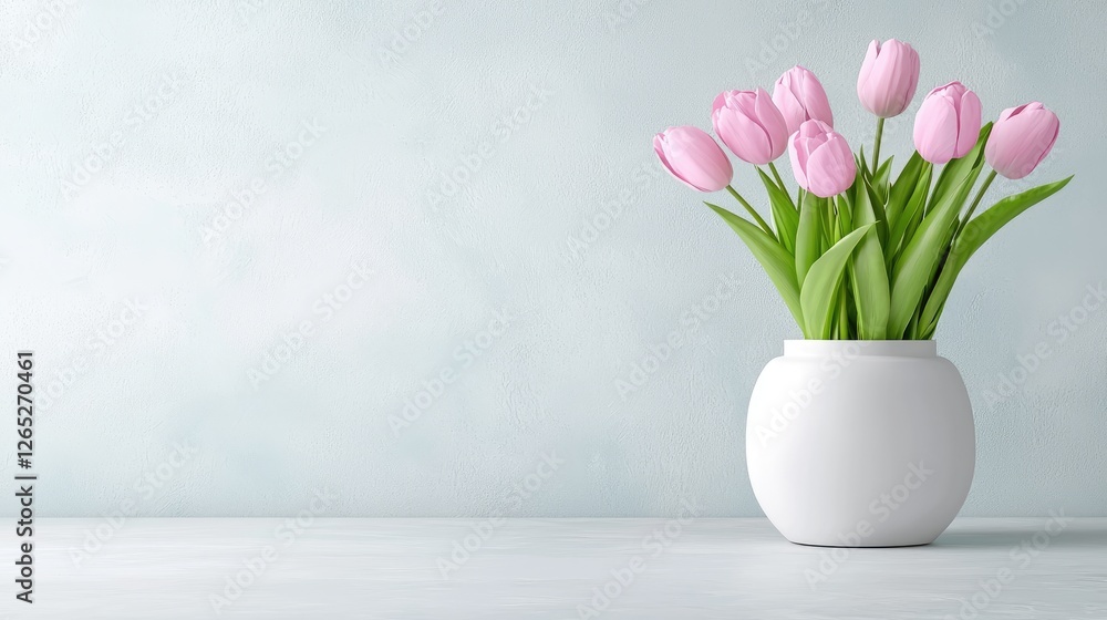 Pink tulips in vase on table, pastel background, spring Pink tulips in vase on table, pastel background, spring