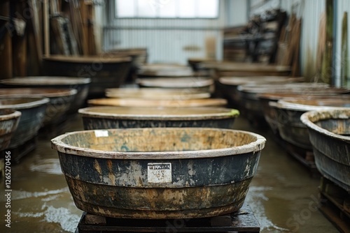 Traditional wooden barrels arranged in a brewery photo