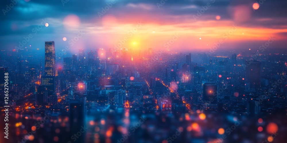 Fototapeta premium City skyline at twilight with vibrant orange and blue hues