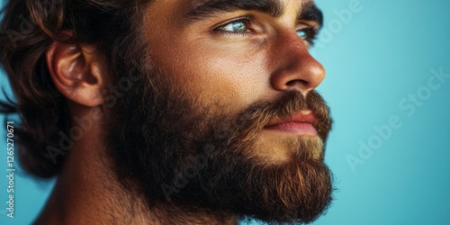 Handsome bearded man with blue eyes gazing into the distance photo