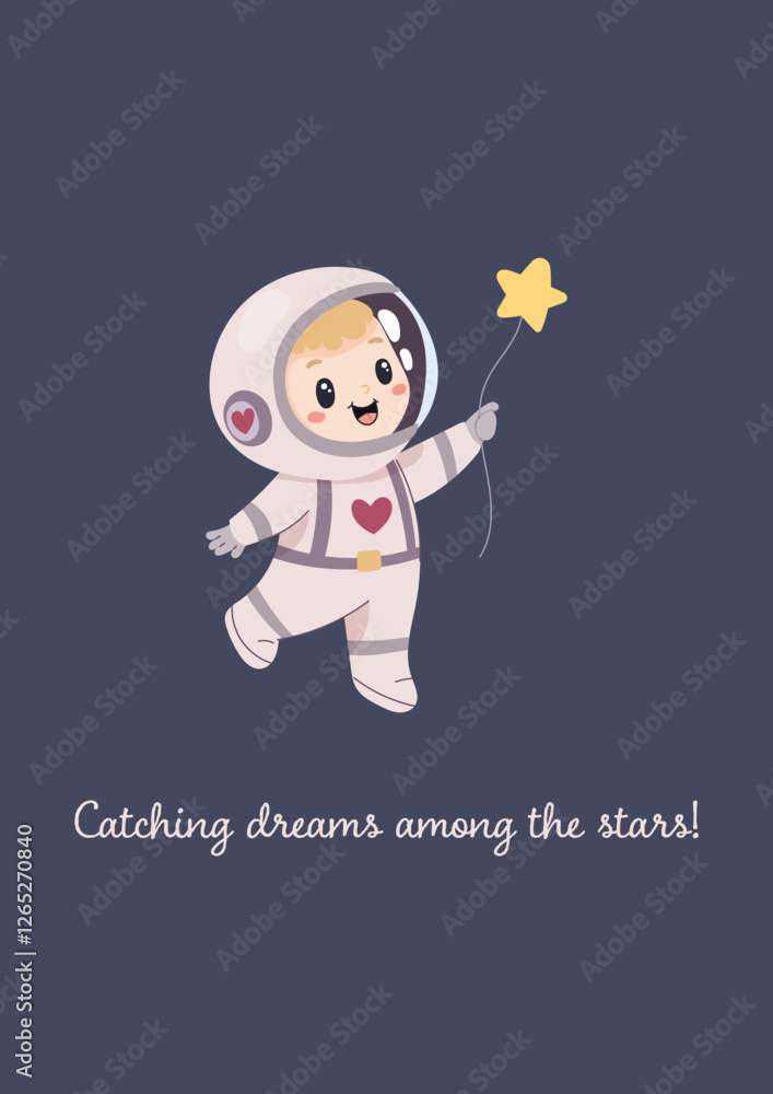 Space funny postcard, astronaut holding a star on a string like a balloon. Vector simple illustration
