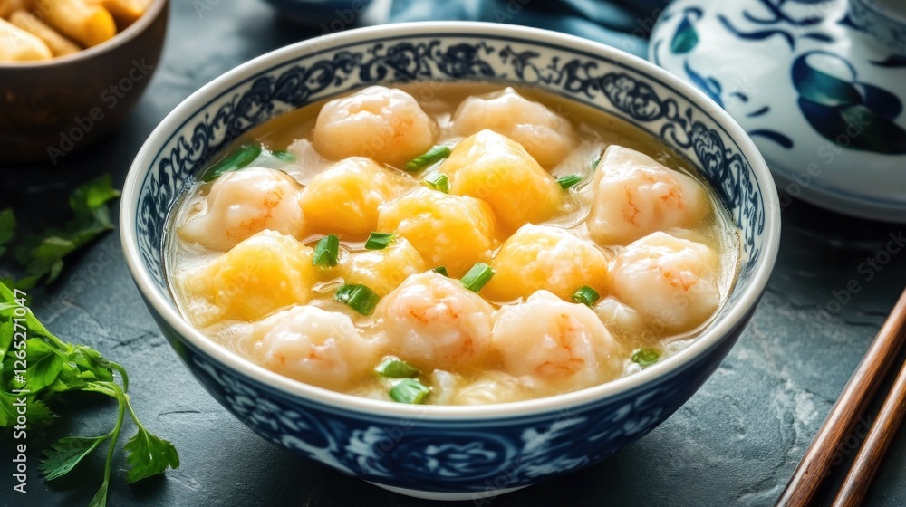 Shrimp wonton soup, Asian cuisine, kitchen setting Shrimp wonton soup, Asian cuisine, kitchen setting