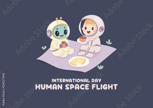 International day of human flight to the moon. alien and austronaut, postcard banner poster .