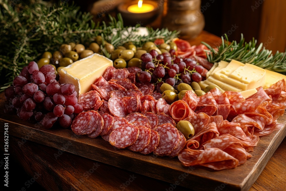Delicious charcuterie board with assorted meats cheeses and fruits Delicious charcuterie board with assorted meats cheeses and fruits