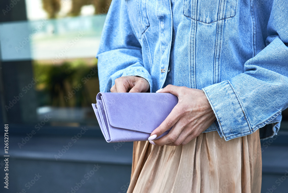 Person holding stylish lavender clutch, wearing denim jacket, beige skirt, casual chic fashion concept