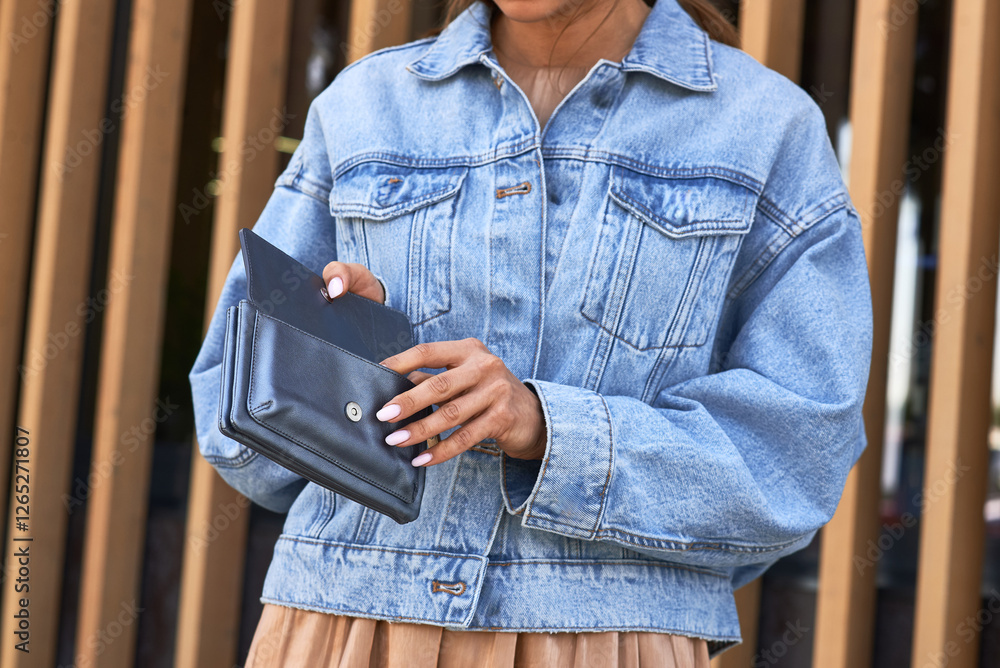 Woman opening stylish leather wallet, wearing casual denim jacket, elegant outdoor fashion, accessory and style representation concept