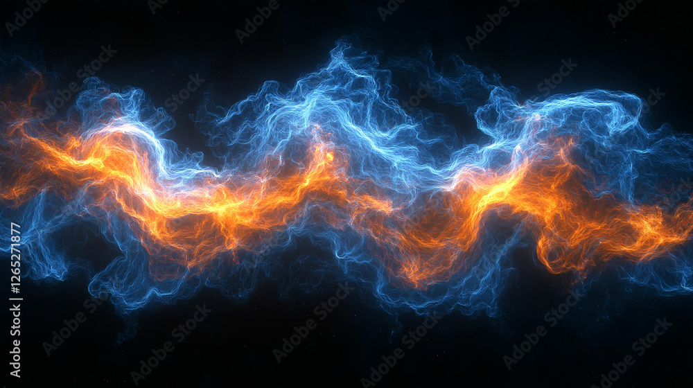 Fototapeta premium Swirling orange and blue flames creating a vibrant abstract design in dark background. Generative AI