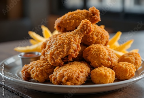 Golden Fried Chicken Assortment with Crispy Fries and Dipping Sauce on a White Plate
