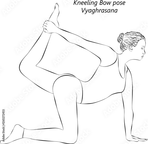 Sketch of young woman practicing Vyaghrasana yoga pose. Kneeling Bow pose. Isolated vector illustration.