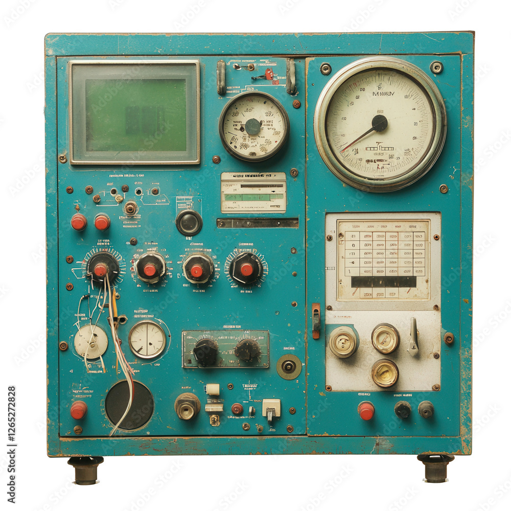 Fototapeta premium Mechanical analog instrument panel laboratory image with transparent background vintage aesthetic front view technical concept