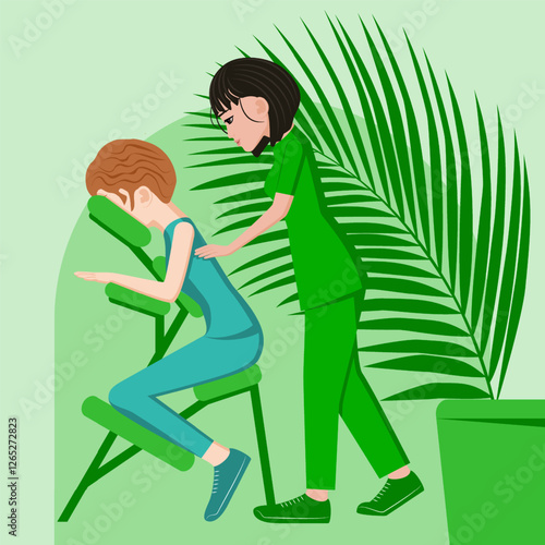 Manual massage. treatment by professional therapist in SPA. Chair Massage Therapy. Isolated flat vector illustration. Asian and European ethnicity.