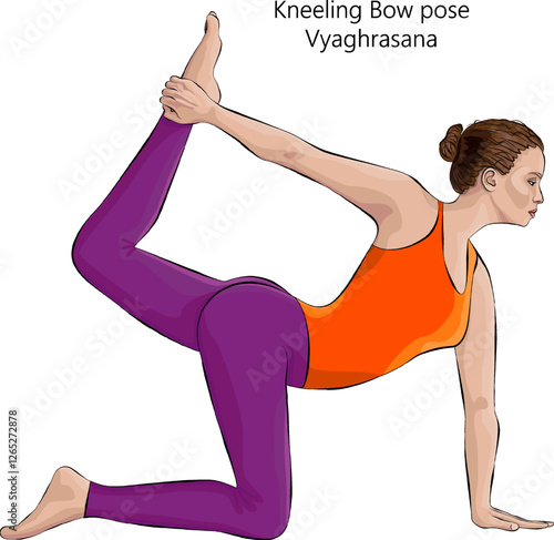 Young woman practicing Vyaghrasana yoga pose. Kneeling Bow pose. Intermediate Difficulty. Isolated vector illustration.