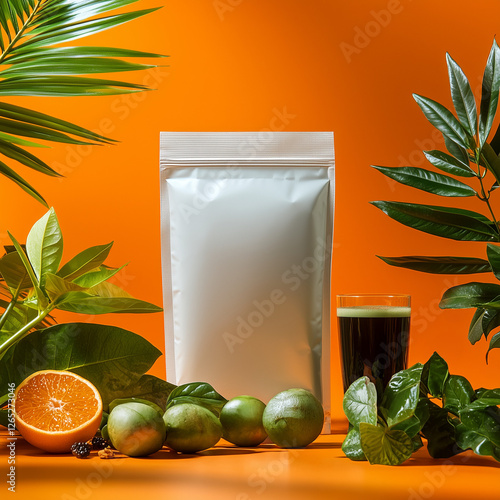 Mockup of White Mylar Bag on Orange Background with Exotic Fruits photo