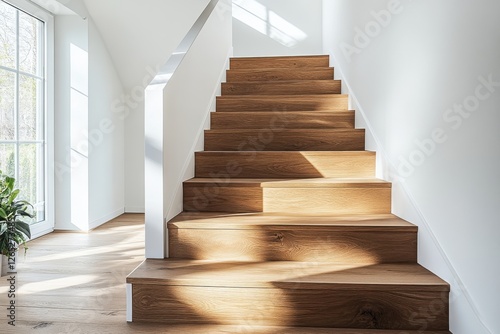 Elegant wooden stairs illuminated by natural light in a contemporary interior space during daylight hours