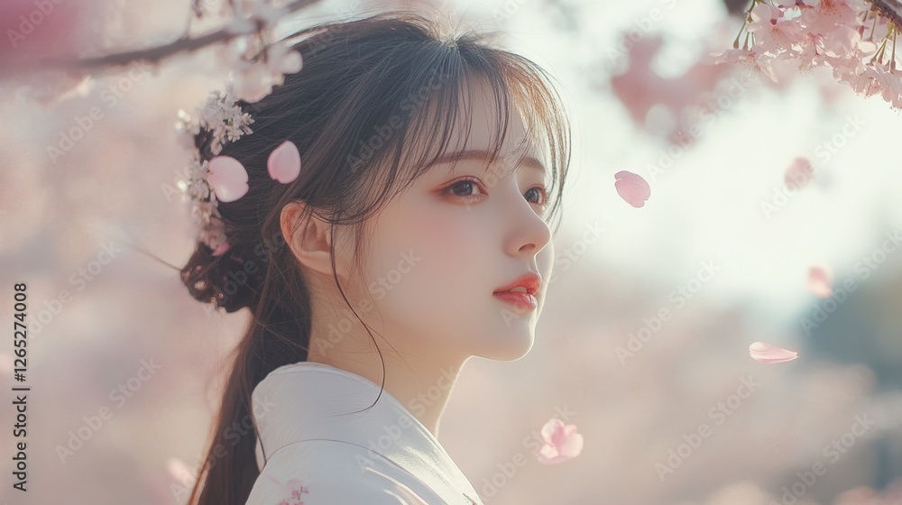 Beautiful woman with cherry blossom flower at full blooming in Spring. Beautiful woman with cherry blossom flower at full blooming in Spring.