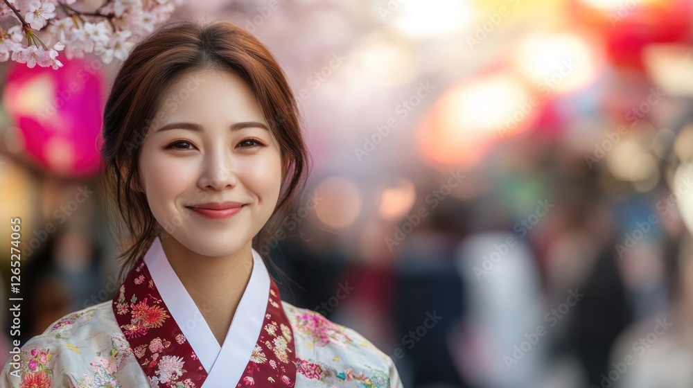 Hanbok woman smiles, cherry blossoms, city street Hanbok woman smiles, cherry blossoms, city street