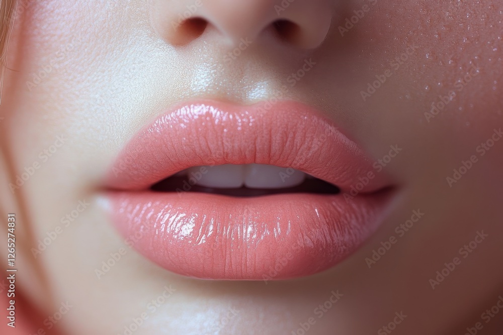 Naklejka premium Close-up view of soft pink lips adorned with a natural gloss, showcasing a beauty look ideal for various occasions