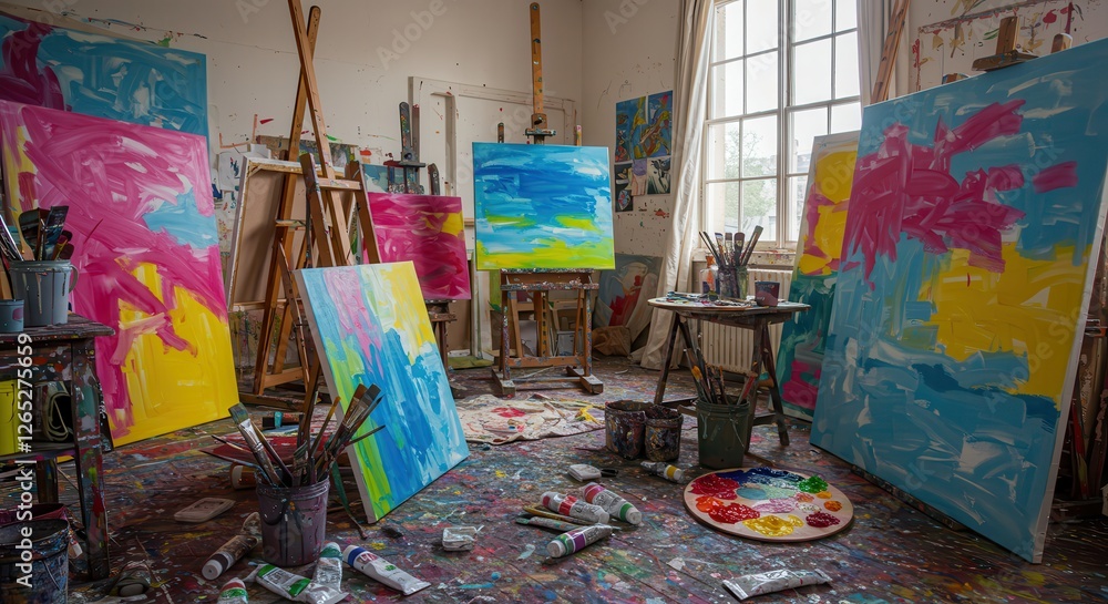 Fototapeta premium Artist's Studio with Canvases, Easels, and Paint Supplies Showcasing Creative Space