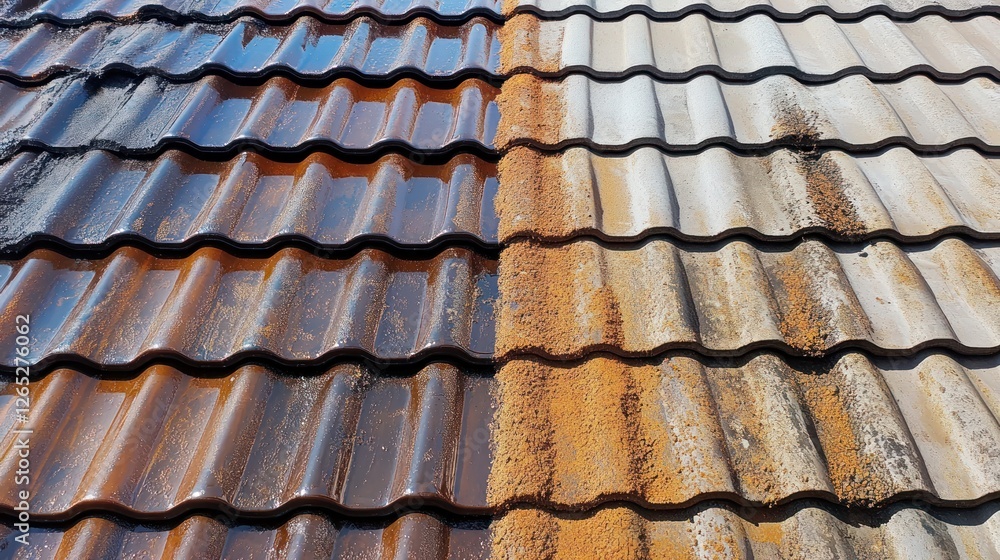 Cleaned roof tiles, before & after, sunny day, home improvement Cleaned roof tiles, before & after, sunny day, home improvement