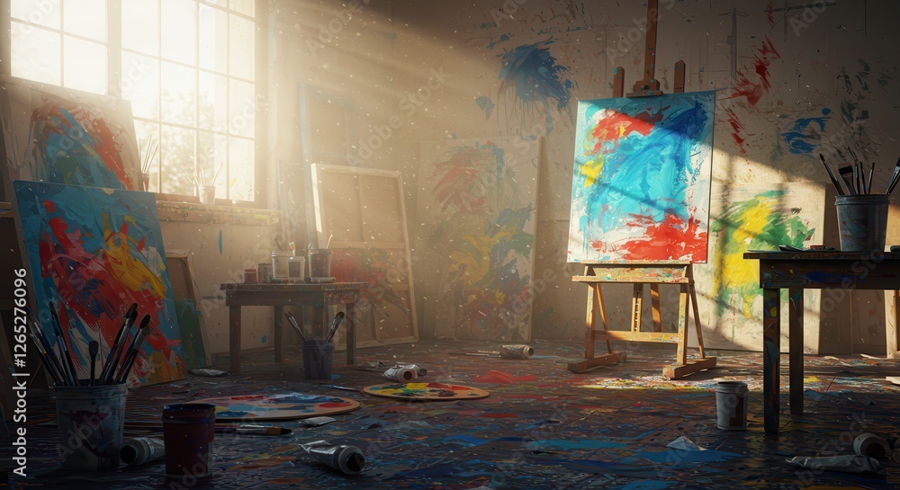 Fototapeta premium Artist's Studio with Easels, Paintings, and Colorful Splattered Paint