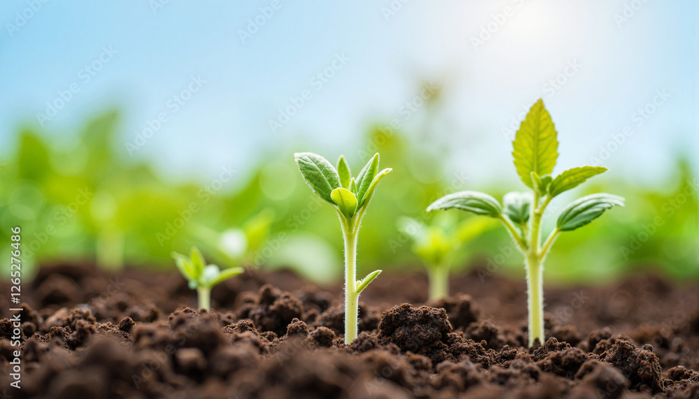 Growing green seedlings sprouting in rich soil with sunlight backdrop Growing green seedlings sprouting in rich soil with sunlight backdrop