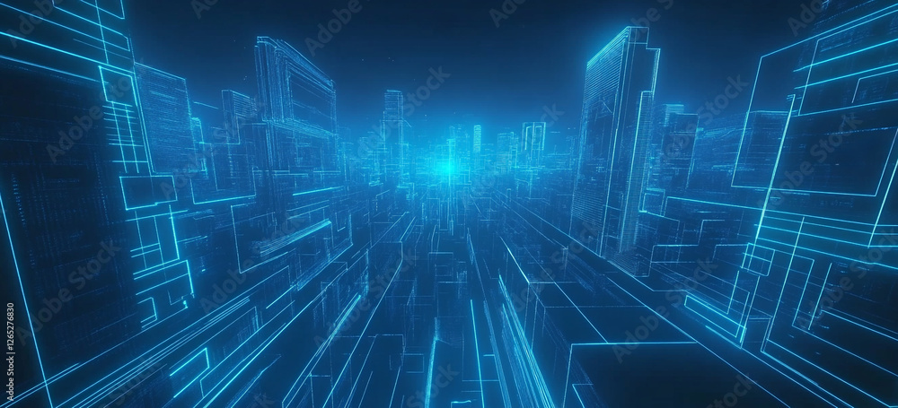 Fototapeta premium A futuristic city skyline is depicted, with buildings formed from glowing blue lines creating a digital, wireframe effect, suggesting a technologically advanced and interconnected urban landscape.