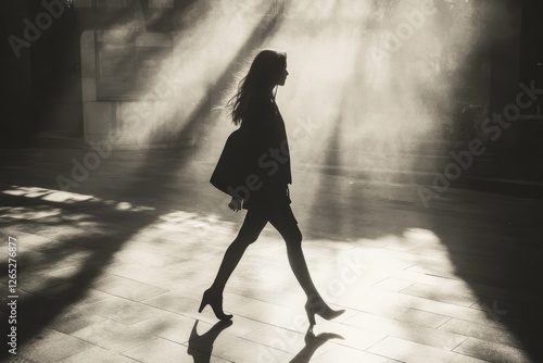Black and white artistic photo of a person walking in strong sunlight shadows
