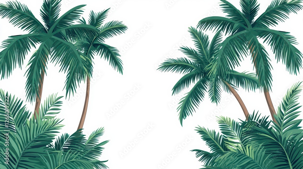 Naklejka premium A vibrant illustration of lush green palm trees framing a blank white space, evoking a tropical paradise feel.
