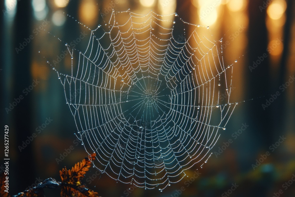 Naklejka premium Intricate spider web with morning dew and blurred background