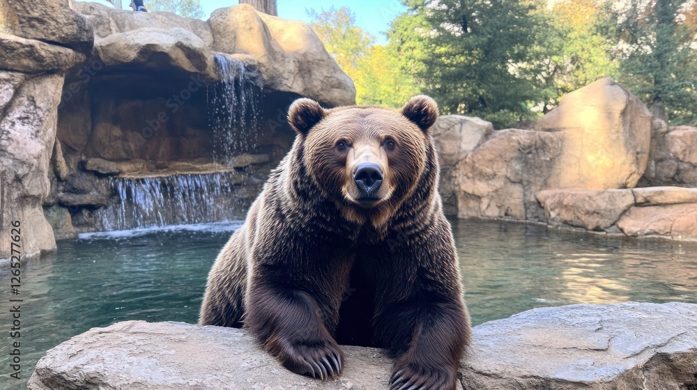 Obraz premium Zoo brown bear posing, waterfall background