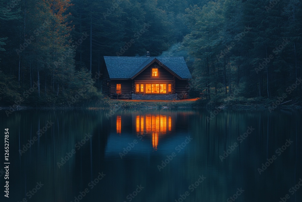Serene lake house reflecting on calm evening water Serene lake house reflecting on calm evening water