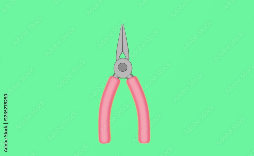 3D illustration. Round nose pliers long red and green background. 3D illustration. Round nose pliers long red and green background.