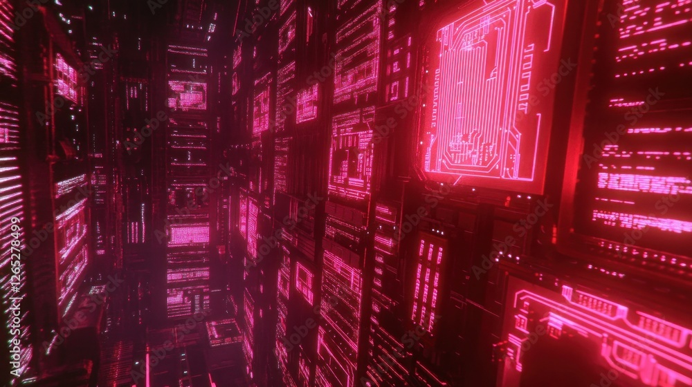 Fototapeta premium Pink digital corridor, data streams, tech background