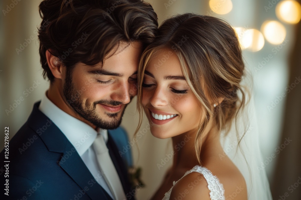 Joyful couple shares a tender moment during their wedding celebration filled with love and happiness in a beautifully decorated indoor setting Joyful couple shares a tender moment during their wedding celebration filled with love and happiness in a beautifully decorated indoor setting