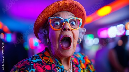 elderly woman in colorful clothing with glasses and wide eyes standing in room with bright lights celebrating bingo win with joyful open mouth and arms raised showing excitement and happiness emotion 