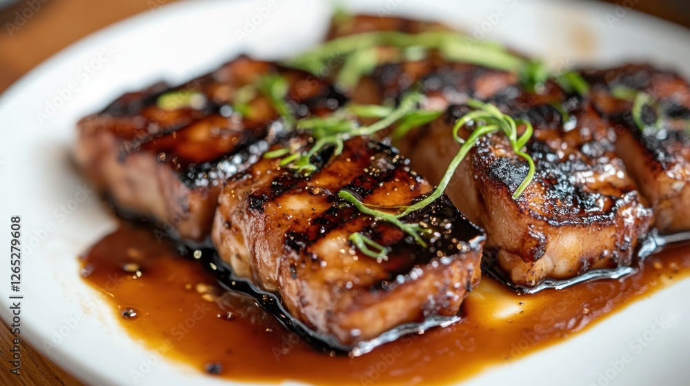 Grilled pork, glazed, restaurant, close-up, wood table Grilled pork, glazed, restaurant, close-up, wood table