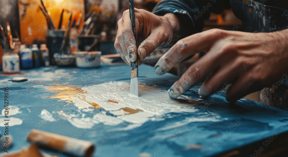 Close-up of hands applying white paint to a canvas in a vibrant art studio bustling with various supplies and tools Close-up of hands applying white paint to a canvas in a vibrant art studio bustling with various supplies and tools