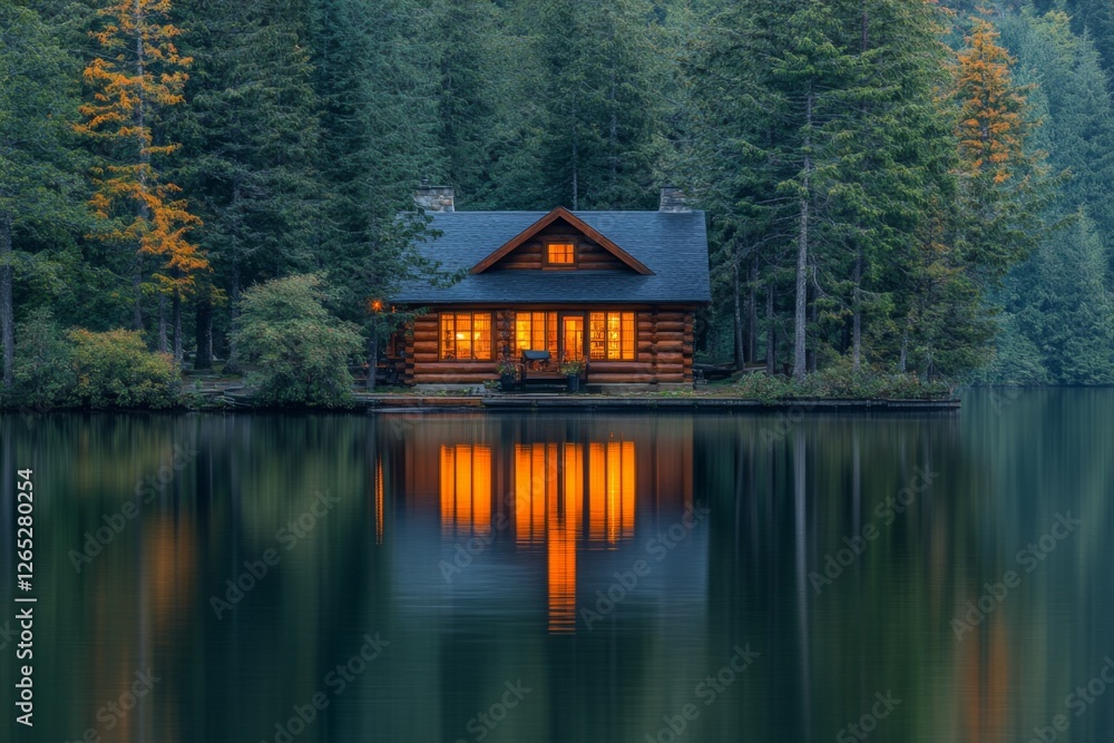 Tranquil lakeside house reflecting on calm water at dusk Tranquil lakeside house reflecting on calm water at dusk