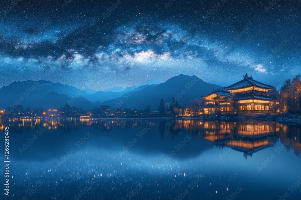 Fototapeta premium Serene night scene with illuminated house reflecting on calm lake